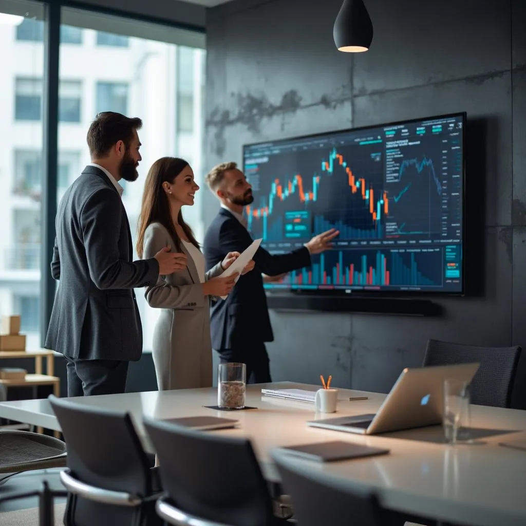 Equipo financiero trabajando en oficina moderna